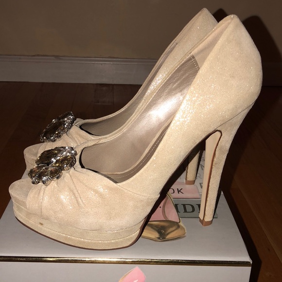 Aldo Champagne Embellished Open-Toe Pumps- Size 8 - Picture 1 of 6
